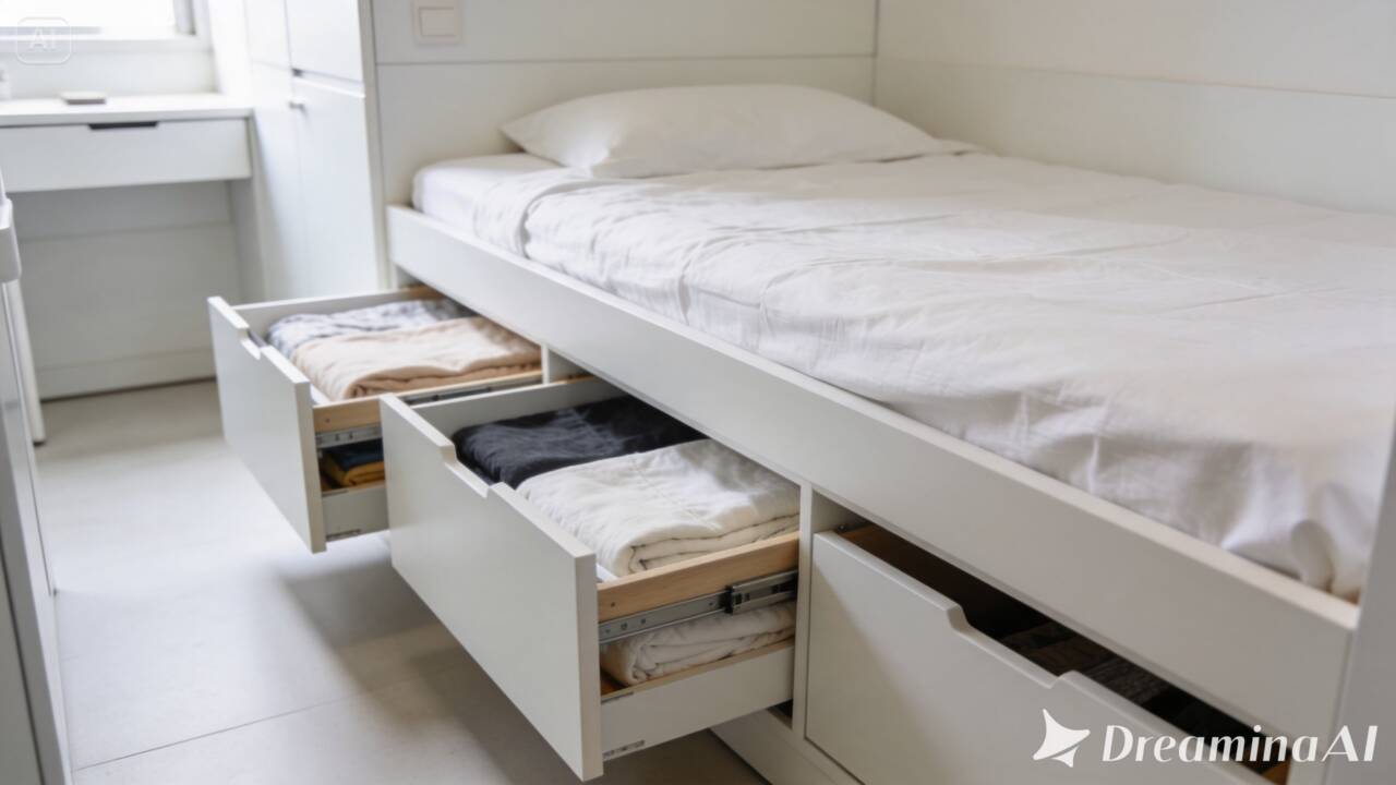 cama baixa, cama com armazenamento, quarto pequeno, cama planejada, móveis para quarto pequeno, otimizar espaço no quarto