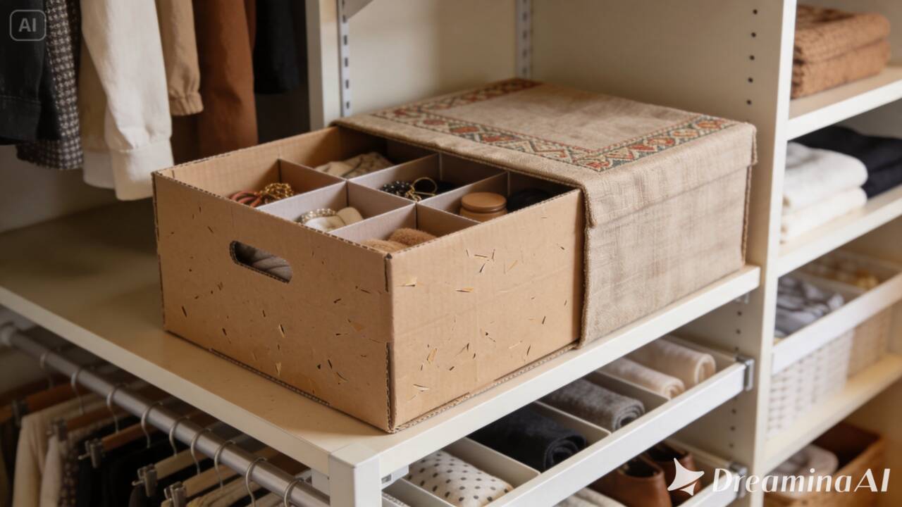 Uma caixa de papelão resistente pode ganhar nova função dentro do armário. Veja como criar compartimentos para acessórios, roupas pequenas e documentos.