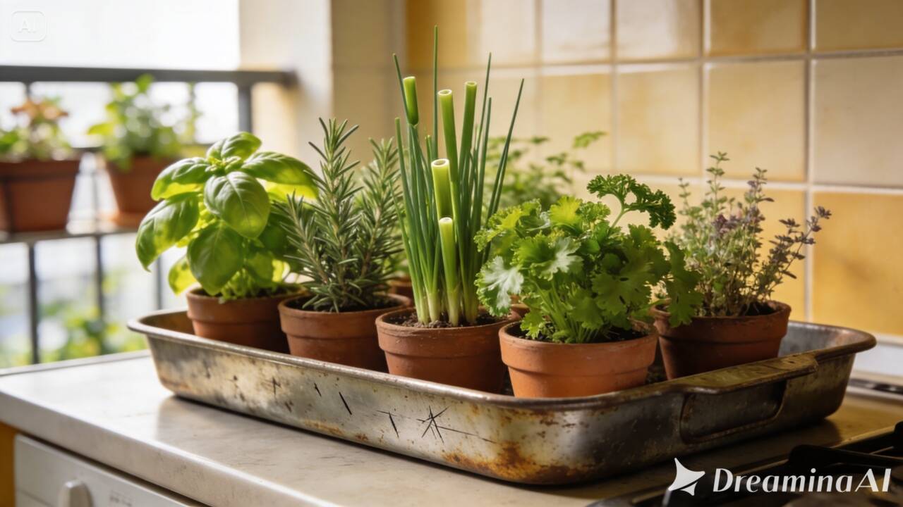 Quer uma horta de temperos na cozinha? Reaproveite uma bandeja e organize vasos de cebolinha, salsa, manjericão e outras ervas em pouco espaço.