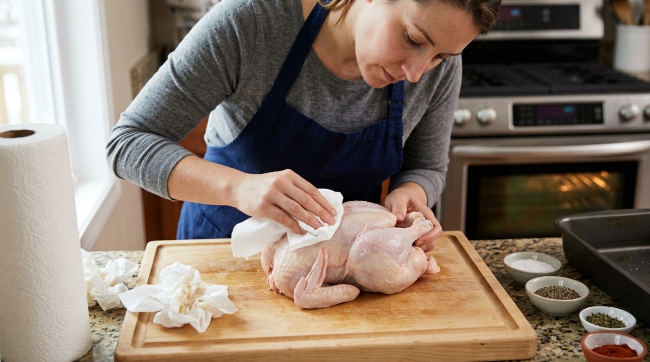 Uma técnica bastante usada é temperar o frango e deixá-lo descoberto na geladeira por algumas horas, sobre uma grade ou recipiente adequado