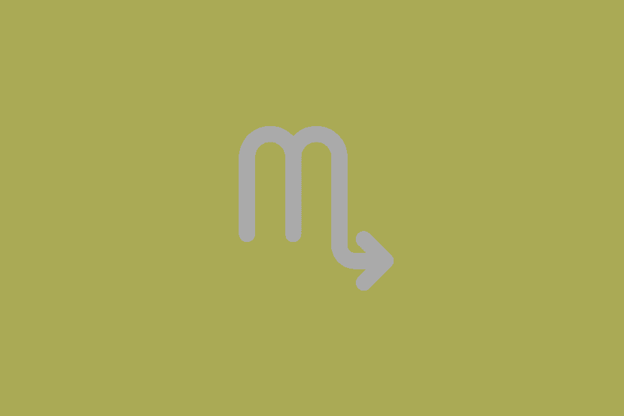 Ilustração minimalista do símbolo do signo de Escorpião em linha branca contínua, formada por uma estrutura similar à letra "m" terminando em uma seta curvada apontada para cima, centralizada sobre um fundo bege em tom pastel