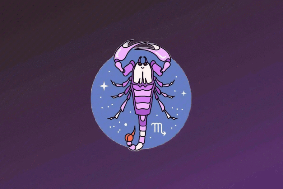 Ilustração do signo de Escorpião. Um escorpião estilizado em tons de lilás e roxo está posicionado verticalmente no centro do círculo azul. Ele possui pinças grandes voltadas para cima e uma cauda curvada com o ferrão destacado em laranja. O símbolo de Escorpião aparece em branco à direita da cauda.