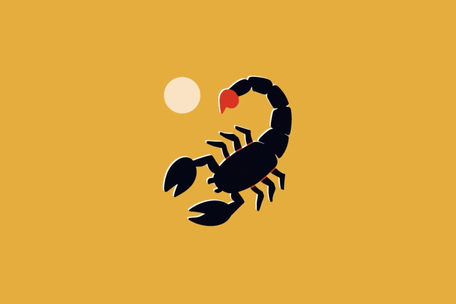 Ilustração estilizada de um escorpião preto com a ponta do ferrão vermelha, posicionado na diagonal ao lado de um círculo claro, sobre fundo amarelo-mostarda.