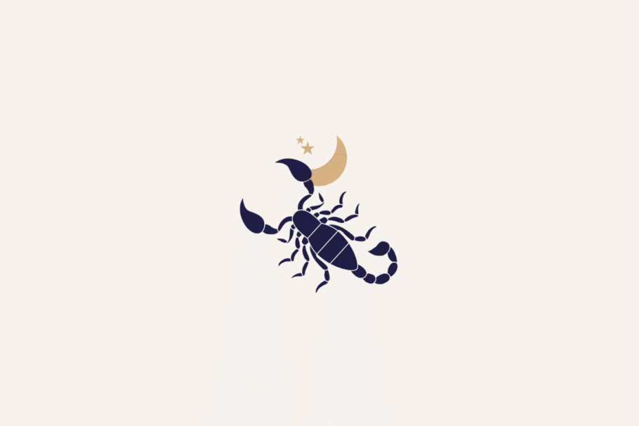Ilustração do signo de escorpião em azul-escuro com meia-lua bege ao lado e centralizada em fundo bege-claro