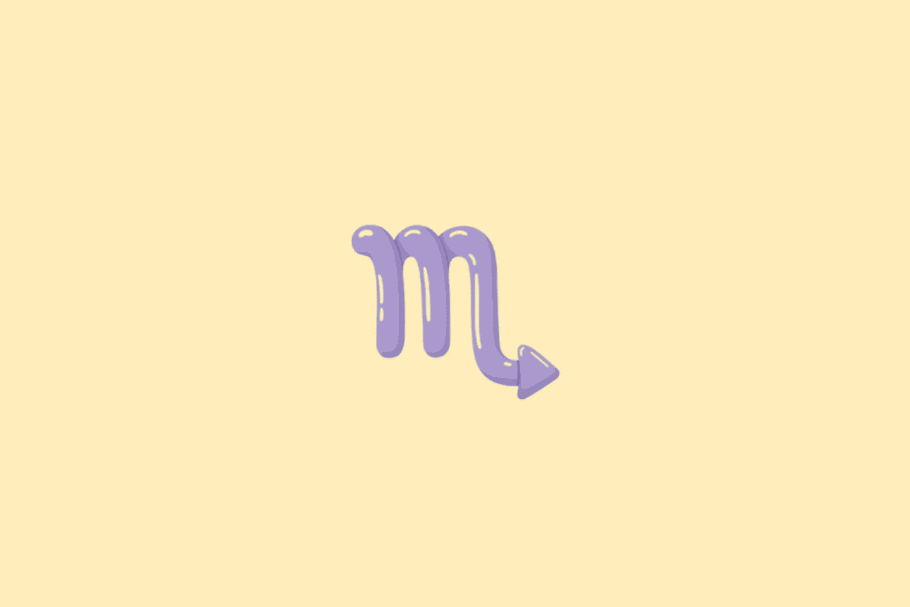 Ilustração do símbolo do signo de Escorpião, com três hastes verticais e uma curva final semelhante a uma seta, em tom lilás, sobre um fundo amarelo-claro.