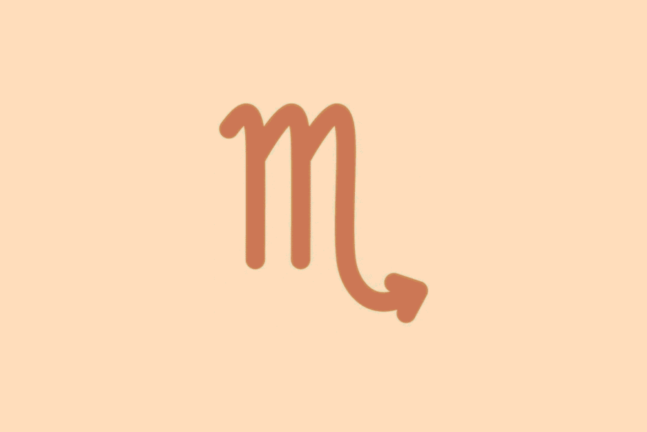 Símbolo minimalista do signo de Escorpião em tom terracota sobre fundo laranja
