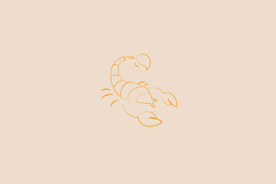 Ilustração minimalista de um escorpião com a cauda levantada e as pinças à frente, em laranja, representando o signo de Escorpião sobre fundo bege.