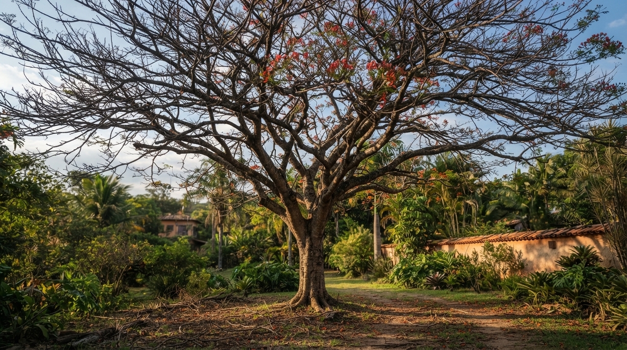O flamboyant é uma árvore que pode apresentar comportamento de caducidade, perdendo parte ou grande quantidade das folhas em períodos específicos do ano.