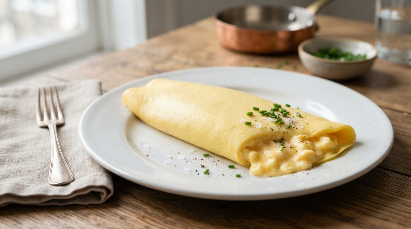Uma omelete francesa clássica não busca aquelas manchas marrons comuns em preparações feitas com fogo mais forte