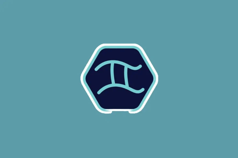 Ilustração minimalista do símbolo do signo de gêmeos em tom azul-claro, centralizada dentro de um hexágono azul-escuro com borda branca e azul. O fundo da imagem é em um tom sólido de azul-turquesa