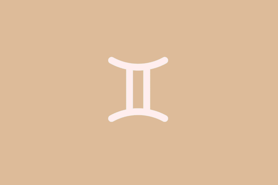 Ilustração minimalista do símbolo do signo de Gêmeos em linha branca contínua, formada por dois traços verticais unidos por duas linhas curvadas no topo e na base, centralizada sobre um fundo bege em tom pastel