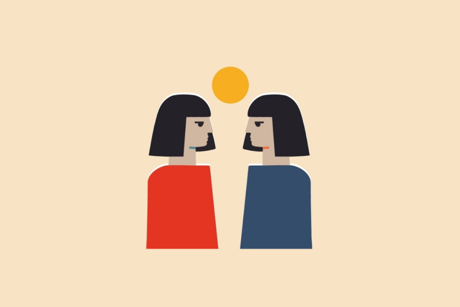 Ilustração de duas figuras humanas idênticas de cabelo curto preto, uma vestindo vermelho e a outra azul, olham de frente uma para a outra sob um círculo amarelo ao centro, sobre fundo bege.