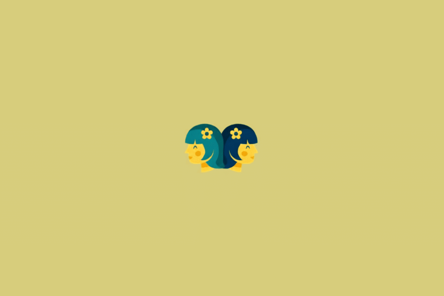 Duas figuras femininas estilizadas lado a lado e voltadas para direções opostas. Elas têm cabelos azuis, rostos amarelos e pequenas flores amarelas nos cabelos. Em fundo verde-claro.