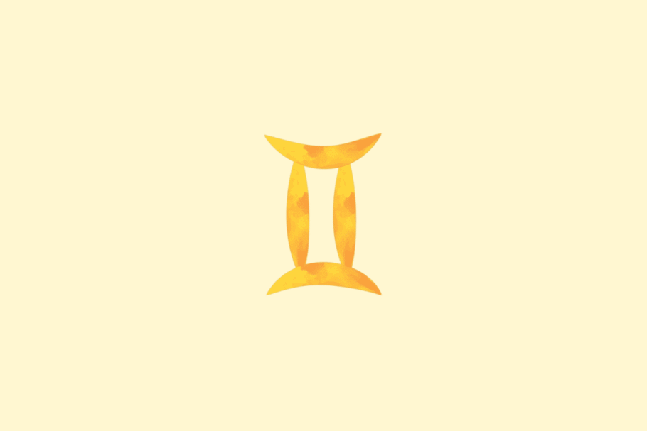 Símbolo de Gêmeos representado por duas formas verticais paralelas ligadas nas extremidades, em amarelo e laranja. Fundo amarelo-claro.