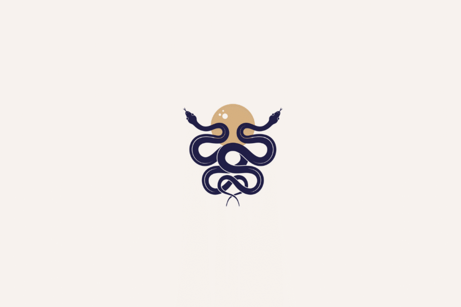 Ilustração de duas cobras representando o signo de gêmeos em azul-escuro com círculo bege ao fundo e centralizada em fundo bege-claro
