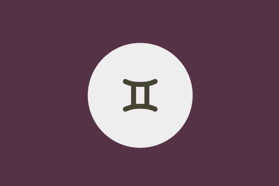 Ilustração minimalista do símbolo do signo de Gêmeos em tom cinza-escuro, centralizado dentro de um círculo branco sobre fundo roxo-fechado