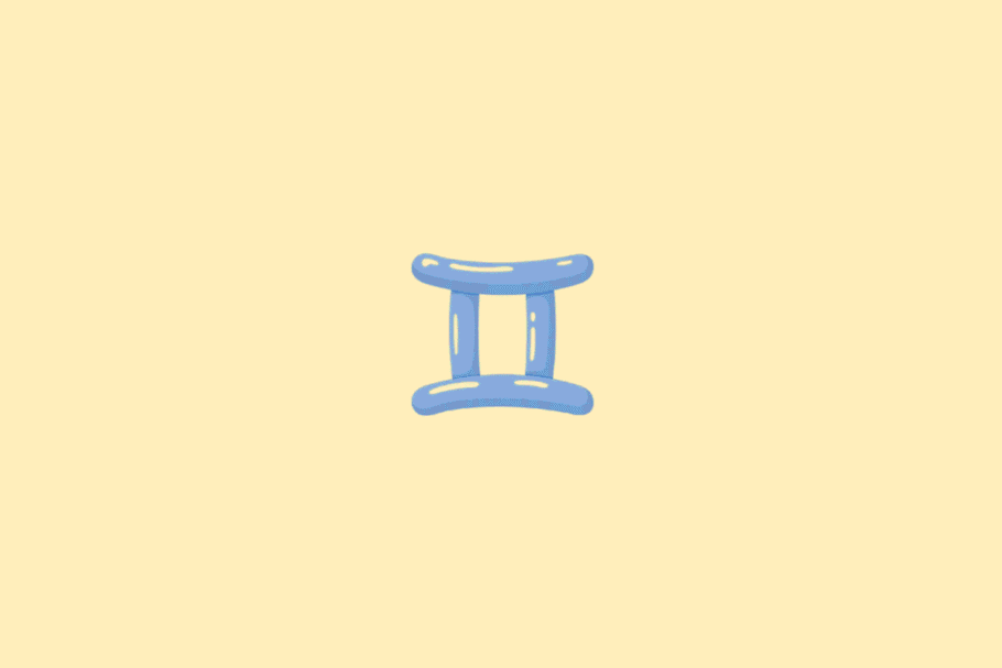 Ilustração do símbolo do signo de Gêmeos, formado por duas linhas verticais unidas por traços horizontais na parte superior e inferior, em tom azul-claro, sobre um fundo amarelo-claro.