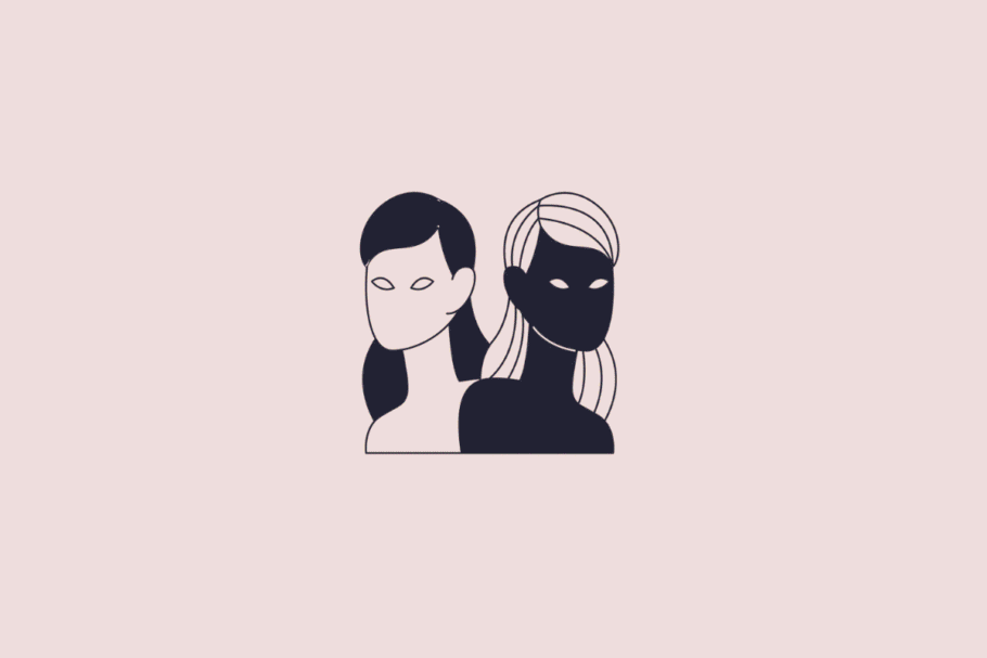 Ilustração estilizada e minimalista de duas figuras humanas, simbolizando o signo de gêmeos, em tom azul-escuro sobre um fundo rosa-claro