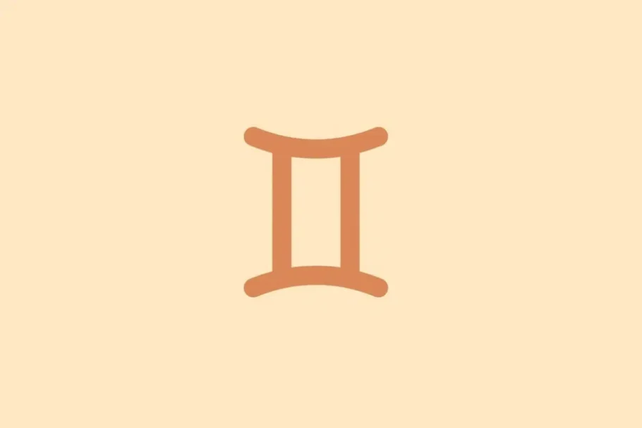 Símbolo minimalista do signo de Gêmeos em tom terracota sobre fundo laranja