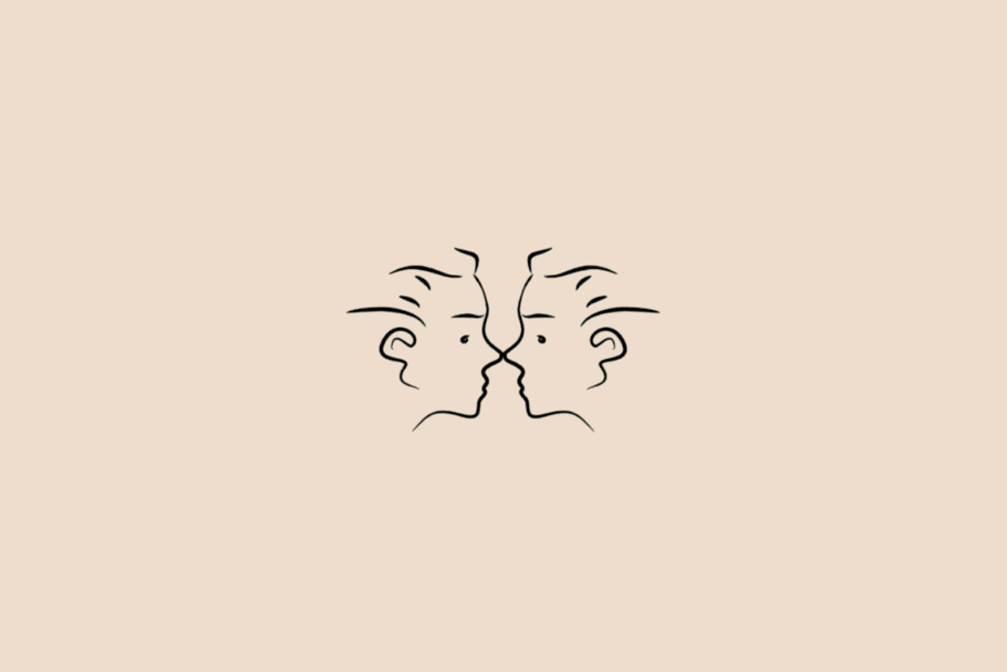 Ilustração minimalista de dois rostos humanos de perfil, posicionados frente a frente, em preto, representando o signo de Gêmeos sobre fundo bege.