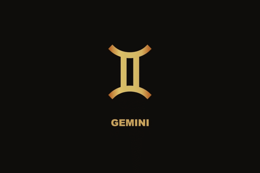 Símbolo dourado do signo de Gêmeos sobre fundo preto, com o nome "GEMINI" escrito abaixo.