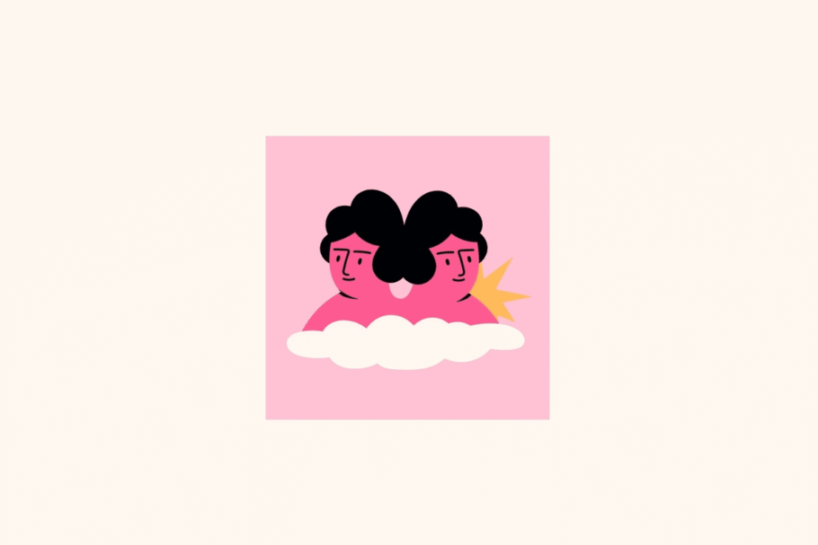 Ilustração estilizada do signo de Gêmeos centralizada em um quadrado rosa sobre fundo creme, retratando duas figuras humanas siamesas unidas pelas costas em rosa-choque com cabelos pretos, emergindo de uma nuvem branca, com uma estrela dourada surgindo ao lado direito
