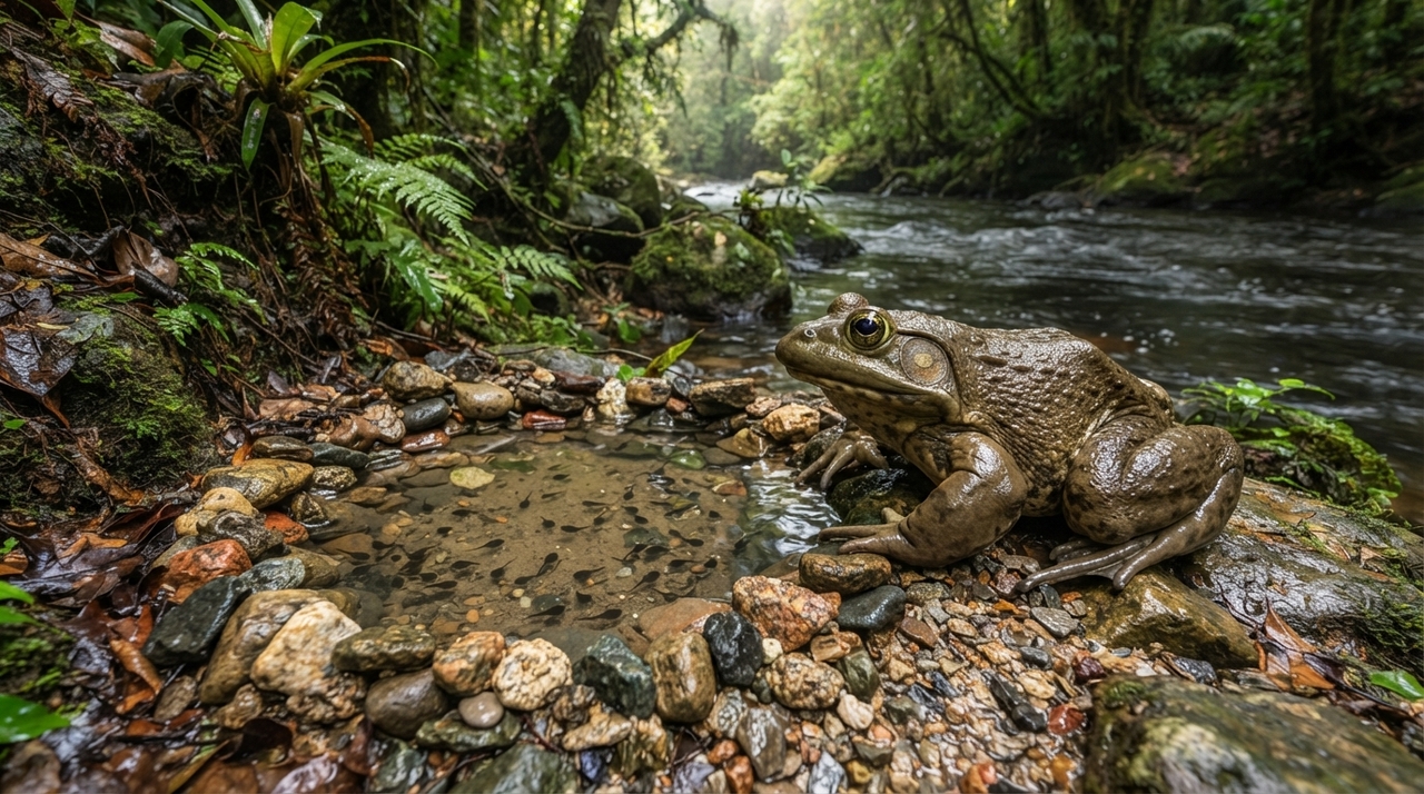 A espécie Conraua goliath vive em Camarões e na Guiné Equatorial