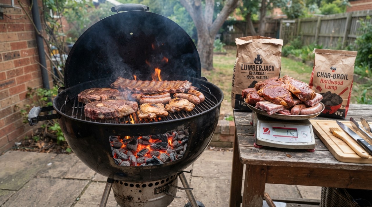 Uma churrasqueira grande exige mais brasas para formar uma área de calor uniforme.