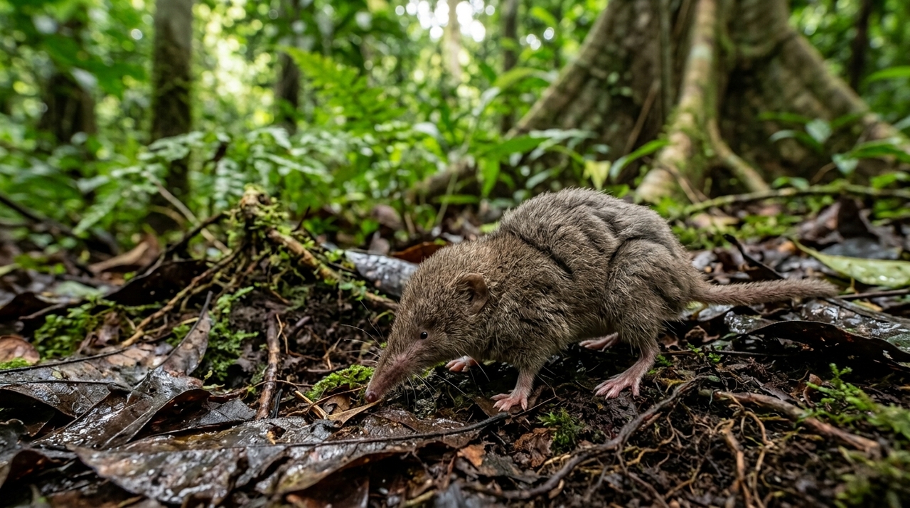 O musaranho-herói, Scutisorex somereni, vive na bacia do Congo e pertence ao grupo dos musaranhos, parentes distantes de toupeiras e ouriços.