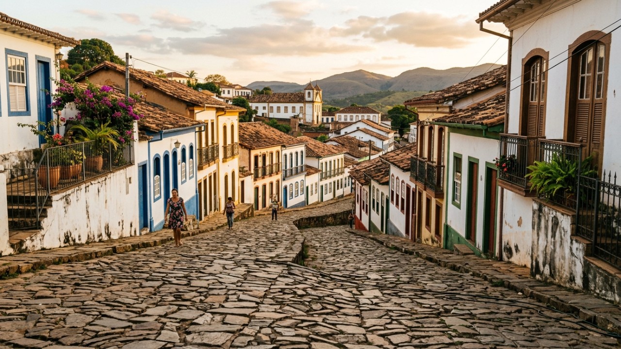 O calçamento de pedra quartzítica e os casarões coloniais mantêm viva a memória dos primeiros garimpeiros da região.