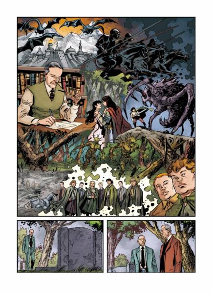 A graphic novel cruza momentos da vida de Tolkien com imagens que remetem ao universo fantástico que ele criaria anos depois.