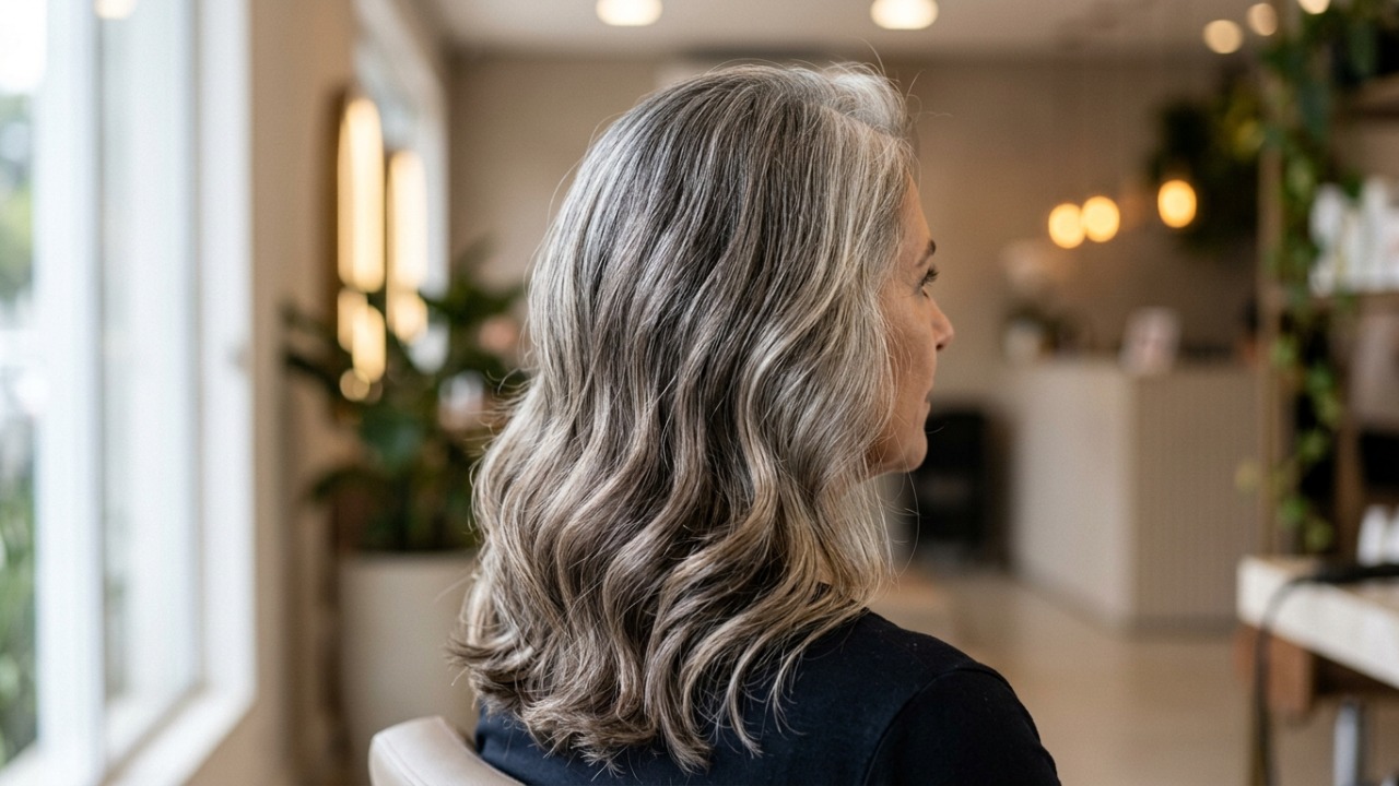 Gray blending mistura grisalhos e fios tingidos para suavizar a raiz.