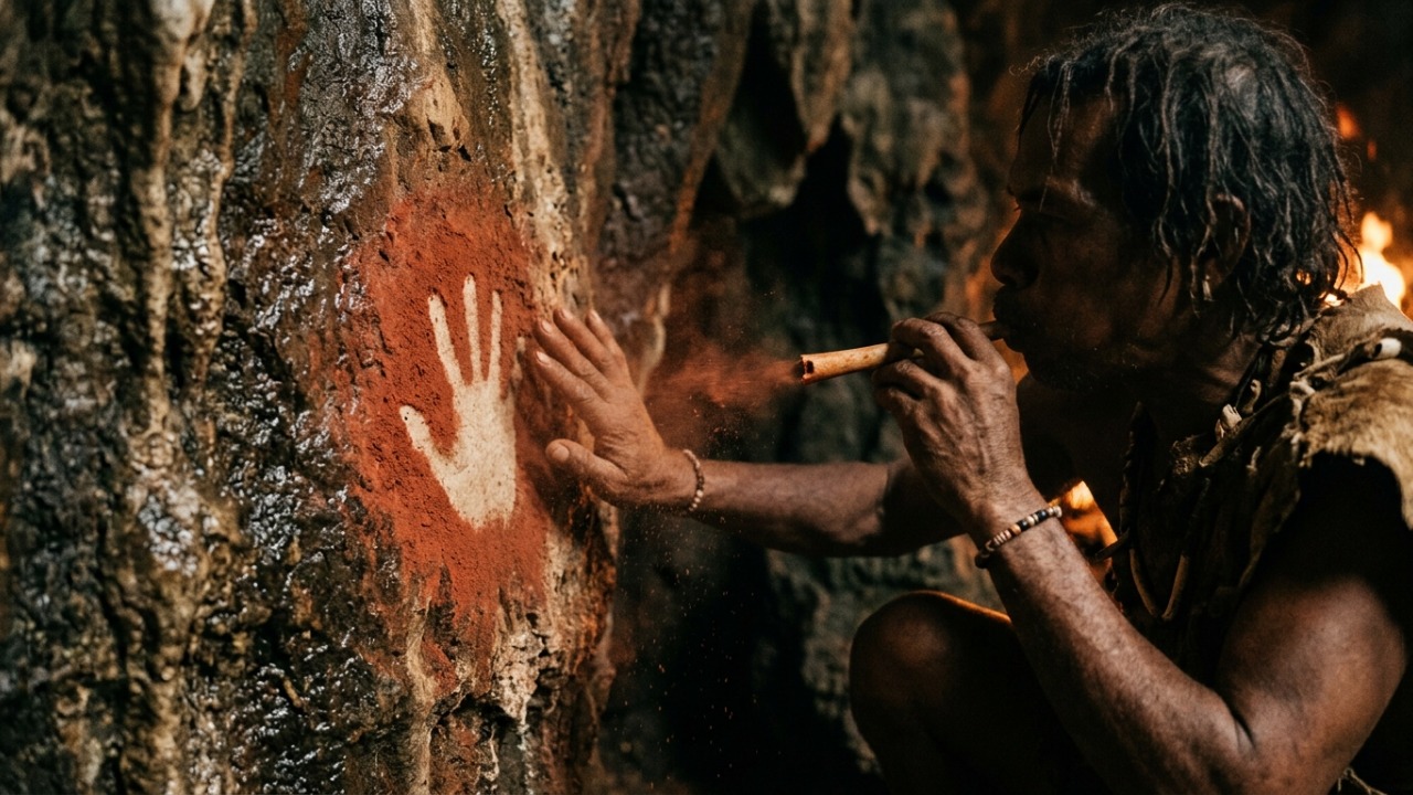 Arte rupestre indonésia guarda marca de mão com pelo menos 67.800 anos.