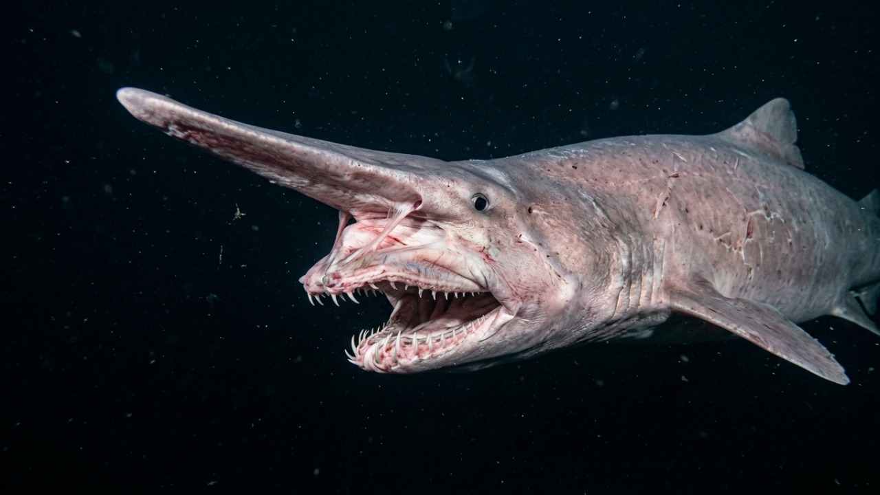 Tubarão-duende projeta a mandíbula para capturar presas nas profundezas do oceano.