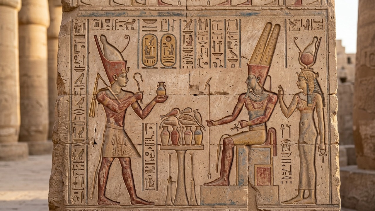 Restauração em Karnak revelou Tibério representado como faraó diante de deuses egípcios.