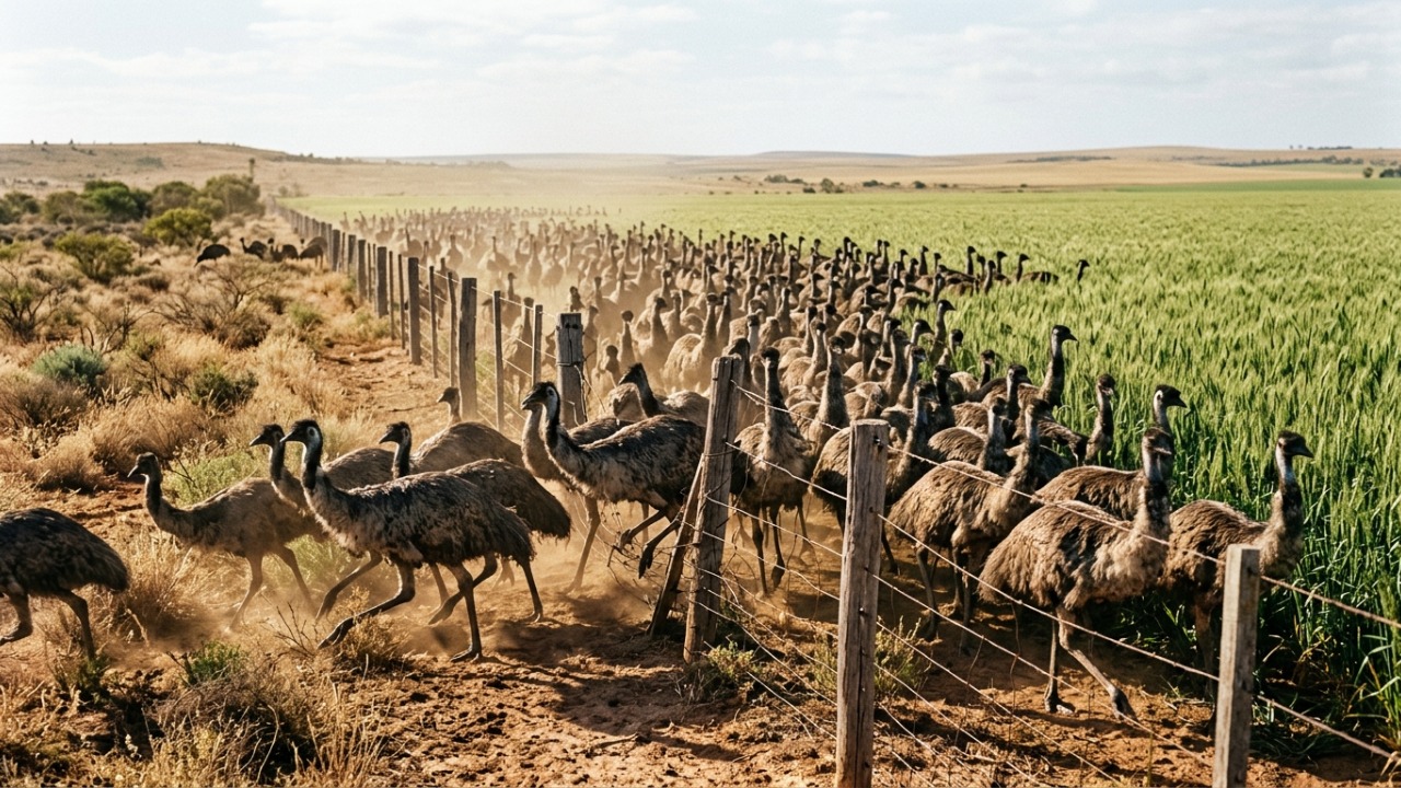 Metralhadoras australianas falharam em controlar milhares de emus nas plantações.