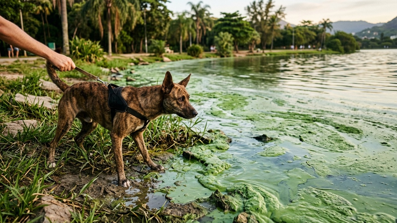 Se o cão entrar em água suspeita, enxágue e procure atendimento imediatamente.