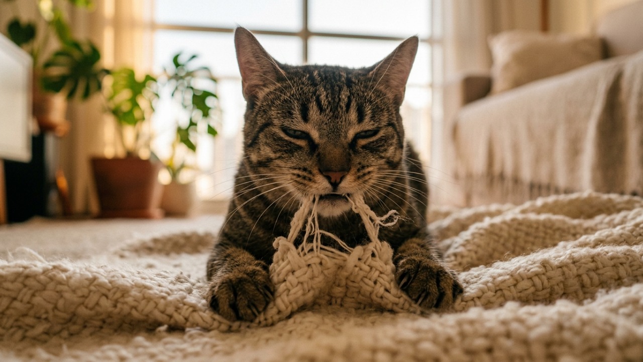 Pica felina exige investigação quando o gato mastiga e engole materiais não alimentares.