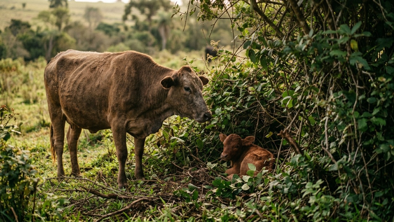 Atrás da moita, um bezerro esperava diariamente pela própria mãe