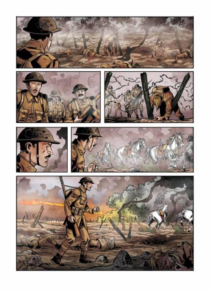 A guerra deixa de ser apenas cenário quando Tolkien atravessa um campo tomado por mortos e feridos, uma das imagens mais duras da graphic novel.
