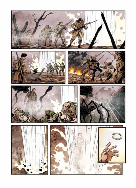 Em uma das passagens mais simbólicas, a graphic novel mistura o campo de batalha ao imaginário que seria associado anos depois à Terra-média.