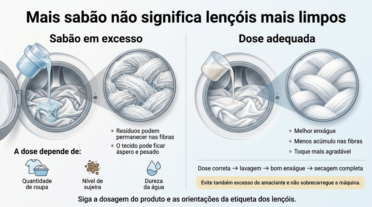 Amaciantes podem ajudar em alguns tecidos, mas o excesso também pode formar películas sobre as fibras.
