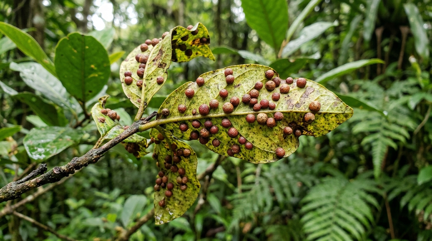 O escolhido foi o Tectococcus ovatus, um pequeno inseto formador de galhas originário do Brasil e altamente especializado no araçá.