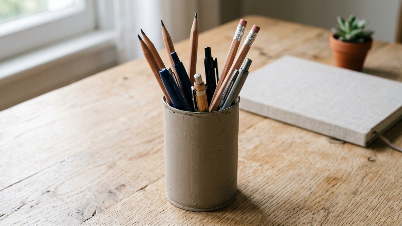 A reutilização criativa de recipientes metálicos descartados transforma latas vazias em organizadores sofisticados e sustentáveis para a sua mesa.