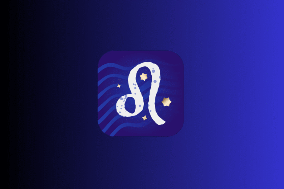 Ilustração com fundo azul e roxo exibindo um ícone central do signo de Leão em tom branco, representado por uma linha curvada com uma alça, cercado por pequenas estrelas douradas.