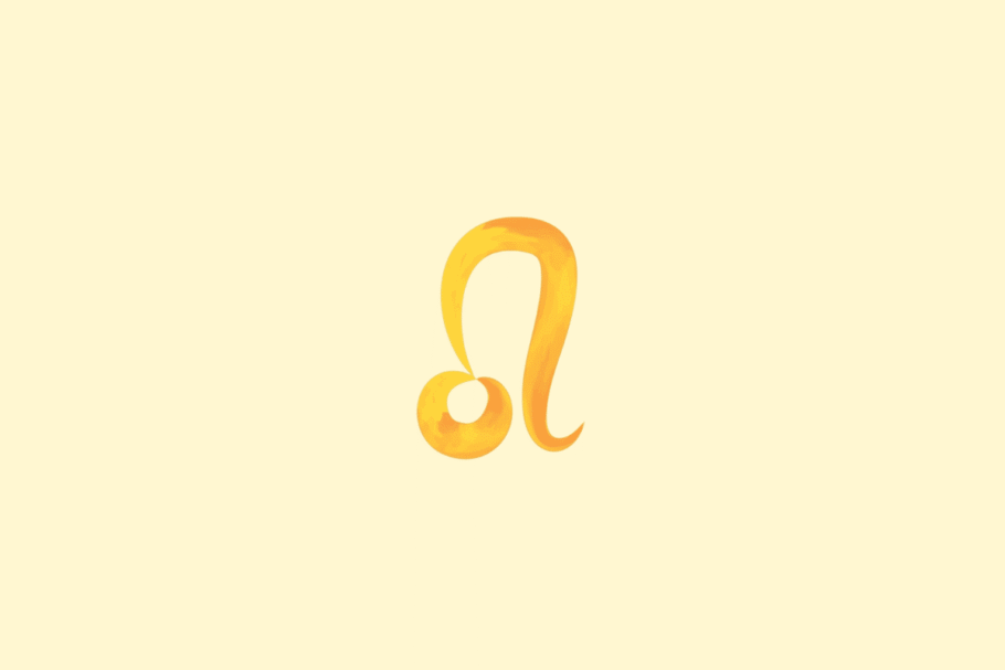 Símbolo de Leão com uma forma circular ligada a uma curva alongada, em tons de amarelo e laranja. Fundo amarelo-claro.