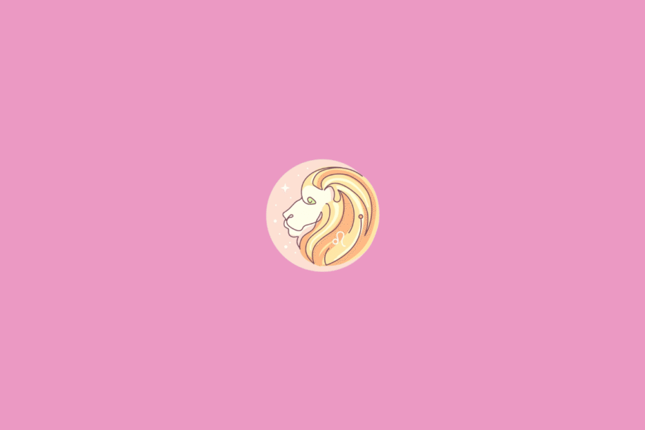 Ilustração minimalista do signo de Leão, representado pelo símbolo estilizado do signo em tom creme. O desenho está dentro de um círculo em degradê de azul e ciano, com pequenos pontos decorativos e fundo amarelo-claro.