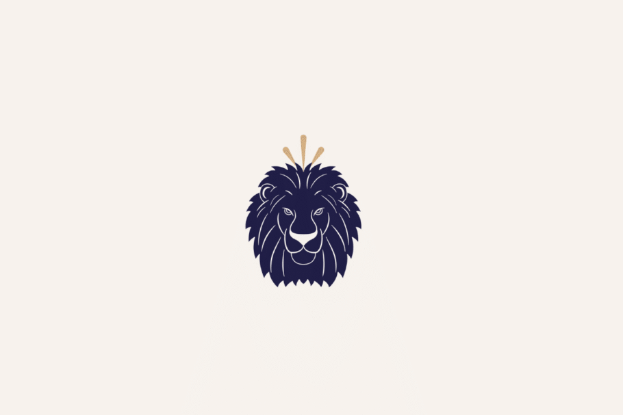 Ilustração do signo de leão em azul-escuro com três traços beges na cabeça e centralizada em fundo bege-claro
