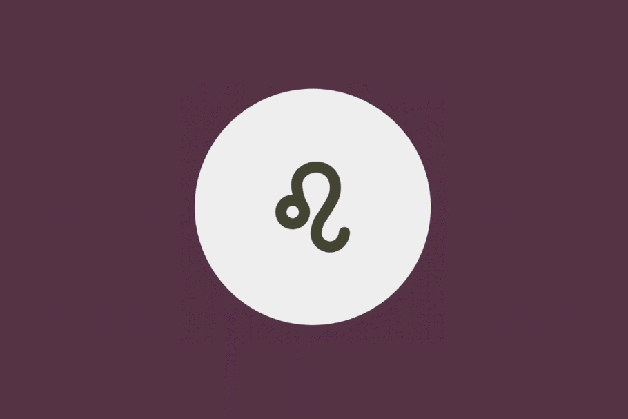 Ilustração minimalista do símbolo do signo de Leão em tom cinza-escuro, centralizado dentro de um círculo branco sobre fundo roxo-fechado
