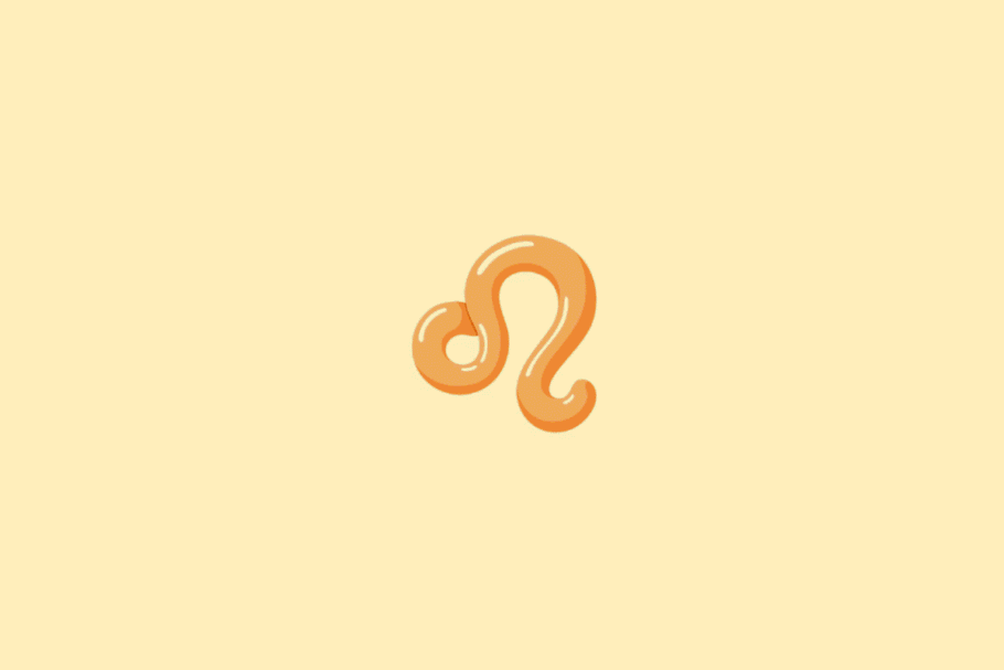 Ilustração do símbolo do signo de Leão, representado por uma forma curva e arredondada semelhante à juba ou à cauda do animal, em tom laranja, sobre um fundo amarelo-claro.